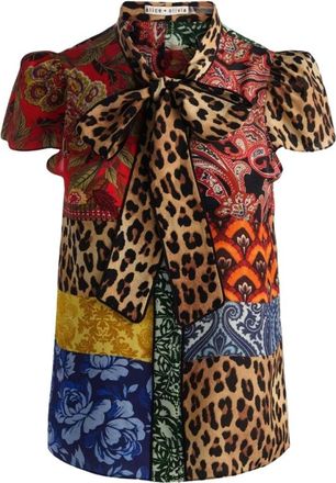 Alice & Olivia Zijden blouse met strijdkraag en patchwork-print - Dames - Blouses - Veelkleurig - S - Overhemden