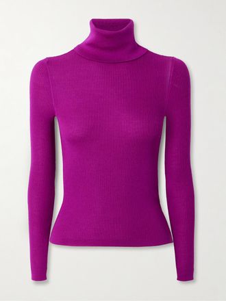 Saint Laurent Pullover A Collo Alto In Misto Lana, Cashmere E Seta A Coste - Viola