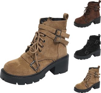 Generic Womens Lug Sole Ankle Bootie Suede Buckle Casual Shoes Lace up Low Chunky Block Heels Booties with Side Zipper Ladies Winter Motorcycle Combat Booties