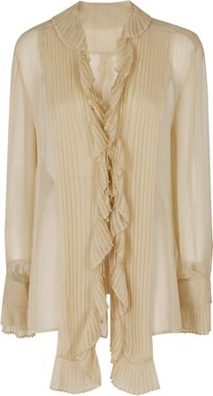 Alberta Ferretti Beige Silk Chiffon Pleated Ruffled V-Neck Silk Blouse
