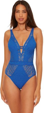 BECCA by Rebecca Virtue Color Play Crochet Plunge One Piece Womens Blue Swimsuits RED155