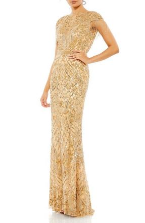 Mac Duggal Embellished Fringe Cap Sleeve Trumpet Gown in Light Gold at Nordstrom, Size 14