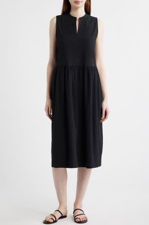 Eileen Fisher Split Neck Textured Stretch Cotton Dress in Black at Nordstrom, Size Xx-Small