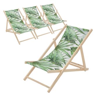 ECD Germany Ecd Germany 4x Sillas De Playa De Madera Con Dise&ntilde;o Palmera Verde-blanca Tumbona Plegable Con Respaldo Ajustable En 3 Posiciones De Reclinaci&oacute;n Asient