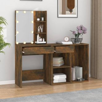 Berkfield Home LED Dressing Table with Cabinet Smoked Oak Engineered Wood in Brown