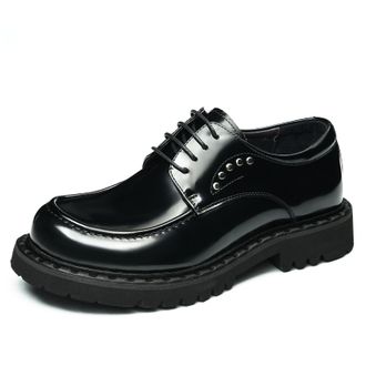 Generic Mens Lace Up Office Dress Shoes Low Block Heel Platform Shoes Round Toe Patent Leather Formal Shoe,Black,5.5 UK