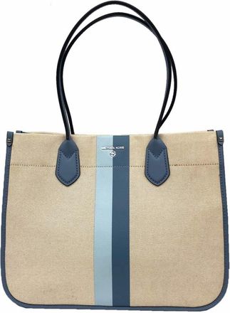 Michael Kors Beige Blue Canvas Leather Tote Bag (Pre-Owned)