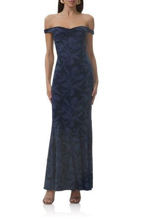 AFRM Morgan Floral Mesh Off the Shoulder Dress in Black Iris at Nordstrom, Size Xx-Small