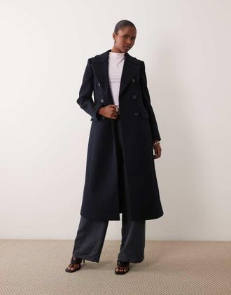 Forever New cappotto lungo doppiopetto strettato in blu navy