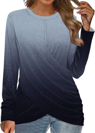 Generic Womens Cross Over Tops Gradient Colour Crew Neck Blouse Tops Elegant Long Sleeve T Shirts Fashion Twist Front Pullover Tunic Tops Loose Fit Casual Wom