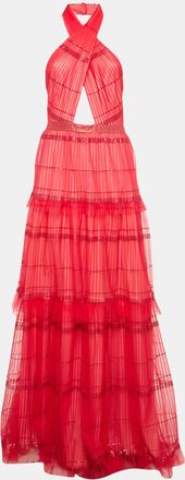 Tadashi Shoji Red Sequin Tulle Halter Neck Tiered Gown
