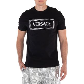 Versace Mens Black Logo-Embroidered Cotton T-Shirt