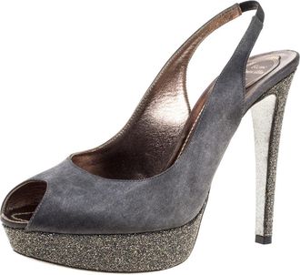 Rene Caovilla Grey Satin Peep Toe Slingback Platform Sandals