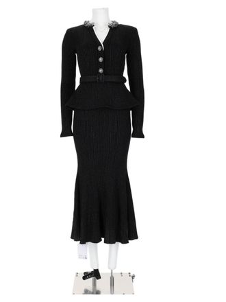 Self Portrait Black Ribbed Knit Peplum Button Midi Dress