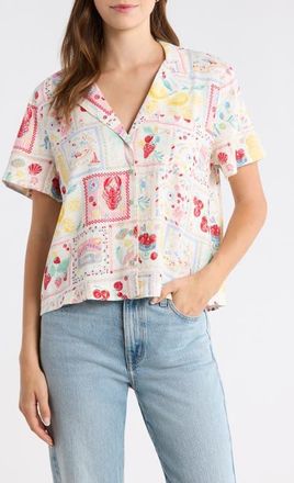 Lucky Brand Post Card Print Linen Blend Camp Shirt in Multi Postcard at Nordstrom, Size X-Large