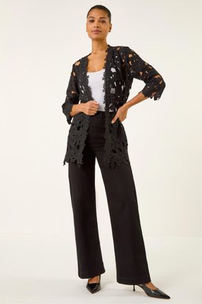 Roman Womens Crochet Lace Longline Jacket - Black - Size 18 UK