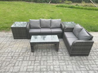 Fimous Rattan Wicker Garden Furniture Patio Conservatory Sofa Set with Rectangular Coffee Table Reclining Chair 2 Side Tables in Dark Grey