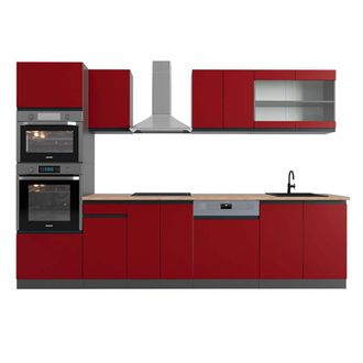 Vicco Mueble De Cocina R-line, Rojo/antracita, 300 Cm Con Armario Alto, Et Roble