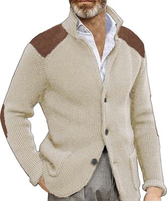 Generic Cardigan Sweater for Men Uk, Solid Color Long Sleeves Chunky Tops with Elbow Patches Shawl Collar Knitted Cardigan Jackets Slim Fit Vintage Button Dow