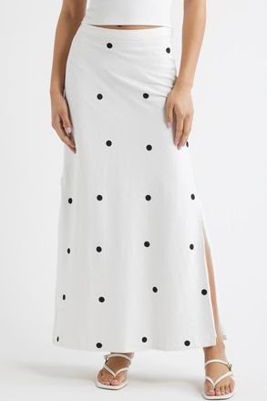 Open Edit Linen Blend Column Maxi Skirt in White- Black Grande Dot at Nordstrom, Size Xx-Small
