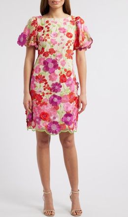 Eliza J Floral Embroidered Puff Sleeve Cocktail Dress in Pink at Nordstrom, Size 14