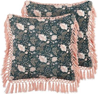 Beliani Beliani - Set of 2 Toss Pillows Flower Print Velvet 45x45cm Cushions Blue Pink Parrotia