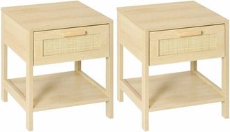 HOMCOM Homcom - Conjunto 2 mesitas de noche mesillas de noche con caj&oacute;n de rat&aacute;n y estante inferior carga 40 kg para dormitorio sala 40x40x48 cm