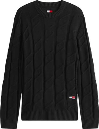 Tommy Jeans Badge Chunky Cable Knit Jumper - Heren - Ronde hals truien - Zwart - XL - Katoen - Truien & Vesten
