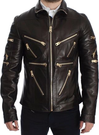 Dolce & Gabbana Mens Brown Lambskin Leather Zipper Jacket Clothing