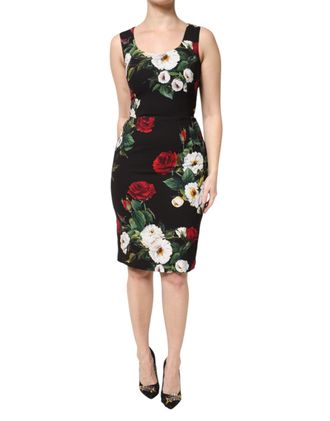 Dolce & Gabbana Womens Black Floral Print Sleeveless Sheath Dress Viscose Elastane