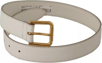 Dolce & Gabbana White Leather Gold Logo Engraved Metal Buckle Womens Belt (Pre-Owned)
