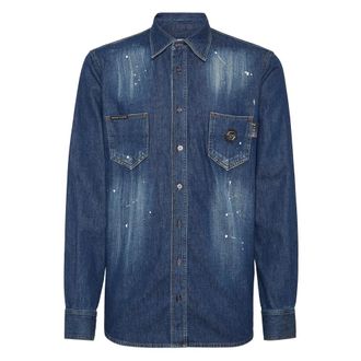 Philipp Plein Denim Shirt Lange Mouw Skull&Bones - Heren - Spijkeroverhemden - Blauw - S - Denim - Overhemden