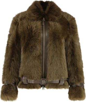 Tom Ford Faux Fur & Shearling Jackets, female, Green, 2XS, Shearling Blouson with Leather Details