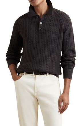 Reiss Evesham Cable Stitch Polo Sweater in Chocolate Brown at Nordstrom, Size Xx-Large