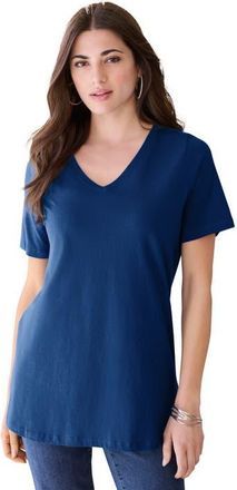 Roaman's Plus Size Cotton Ultimate V Neck Tee in Evening Blue at Nordstrom, Size Medium