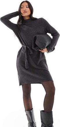 Vero Moda Petite high neck knit mini dress with tie waist in black