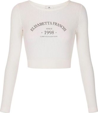 Elisabetta Franchi Gebreide top met gedrukt logo - Dames - Ronde hals truien - Wit - M - Polyester - Truien & Vesten