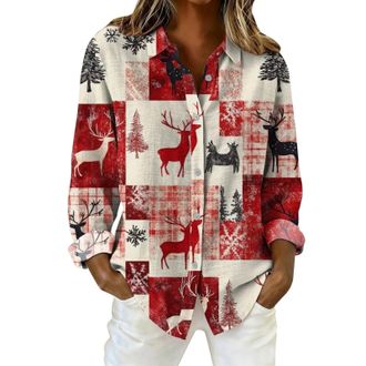 Generic Xmas T Shirts for Women UK 2025, New Long Sleeve Printed Linen Look Blouse. Loose Fit Casual Button Up Shirt with Christmas Pattern for Holiday, Party