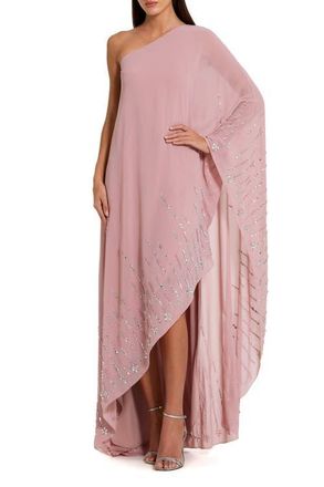 Mac Duggal One Shoulder Georgette Beaded Trim Kaftan Gown in Antique Rose at Nordstrom, Size Medium
