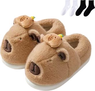 Generic Capybara Slippers for Women Men, Cute Plush Cartoon Slippers, Winter Warm with Non-slip Thick Sole (Khaki-D, One Size, Adult, Women, 9.5, Numeric Rang