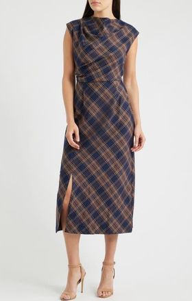 Julia Jordan Plaid Pleated Midi Dress in Navy Brown at Nordstrom, Size 12