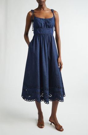 Zimmermann Mohan Broderie Anglaise Trim Denim Midi Dress in Ink at Nordstrom, Size 0P