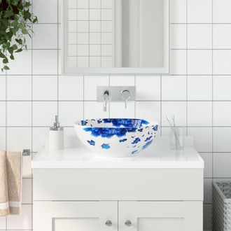 Berkfield Home Countertop Basin White & Blue Round OE&para;41x14 cm Ceramic | Size: 41x14 cm