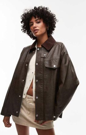 Topshop Giacca in pelle sintetica marrone con colletto in velluto a coste-Nero