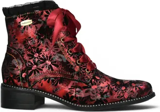 Laura Vita Floral Womens Gothic Victorian Red Leather Ankle Heeled Boots - Emcmao-45