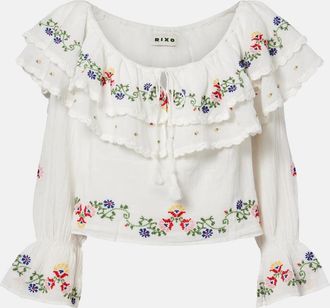 Rixo Top Maurine in cotone con volant e ricamo