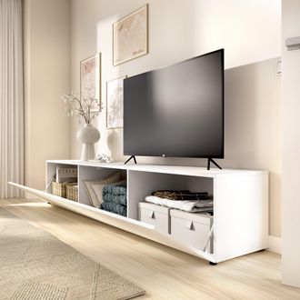 Dmora Mueble Para Tv Brewster, Una Balda, Una Puerta, 2 Compartimentos, 42x220x42h Cm Blanco