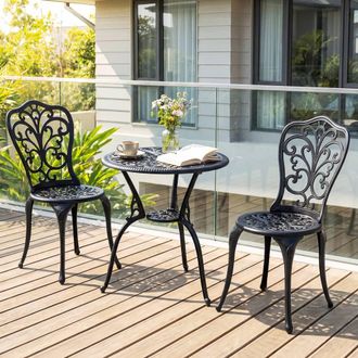 Costway Costway 3PCS Patio Bistro Set Cast Aluminum Table & Chairs w/ Umbrella Hole in Black