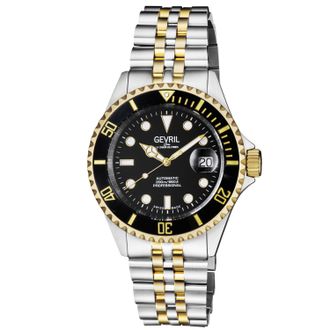 Gevril Group Mens Wall Street Swiss Automatic Sellita SW200 Black Dial Two Tone IP Gold Stainless Steel Bracelet Watch - Silver & Gold - One Size