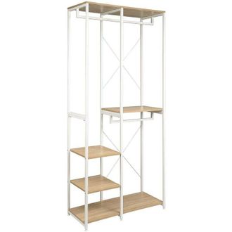 Woltu Attaccapanni Stand Appendiabiti con Scaffali Legno Metallo 90x40x204.5cm Bianco + Rovere Chiaro - Woltu